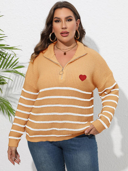 Plus Size Zip-Up Striped Sweater - Fashion Finder Hub