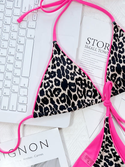 Leopard Print Halter Neck Tie Side Bikini Set - Fashion Finder Hub