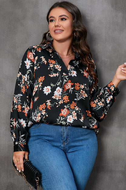 Plus Size Printed Johnny Collar Long Sleeve Blouse - Fashion Finder Hub