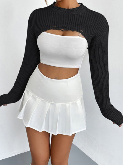 Distressed Long Sleeve Cropped Sweater - Fashion Finder Hub