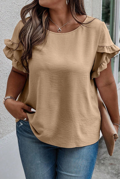 Plus Size Ruffled Petal Sleeve Round Neck T-Shirt - Fashion Finder Hub