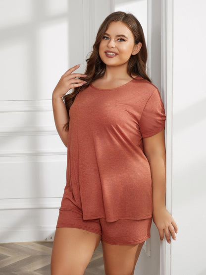Plus Size Round Neck Short Sleeve Two-Piece Loungewear Set - Fashion Finder Hub