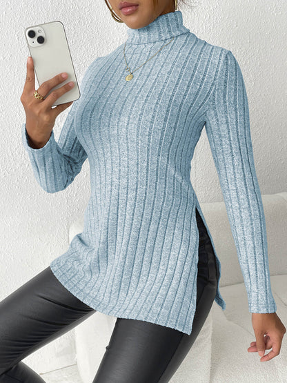 Ribbed Turtleneck Long Sleeve Slit T-Shirt - Fashion Finder Hub