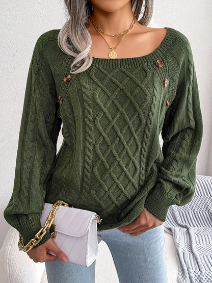 Decorative Button Cable-Knit Sweater - Fashion Finder Hub