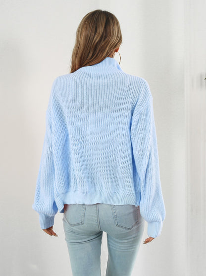 Turtleneck Zip Up Long Sleeve Knit Top - Fashion Finder Hub