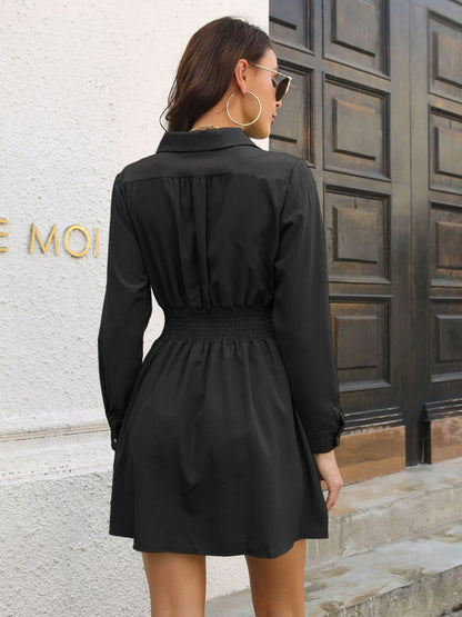 Johnny Collar Smocked Waist Long Sleeve Mini Dress - Fashion Finder Hub