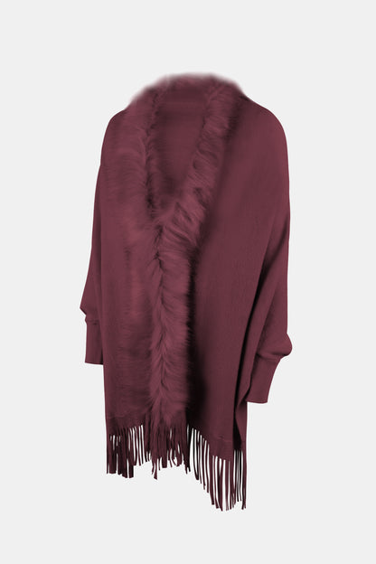 Fringe Open Front Long Sleeve Poncho - Fashion Finder Hub