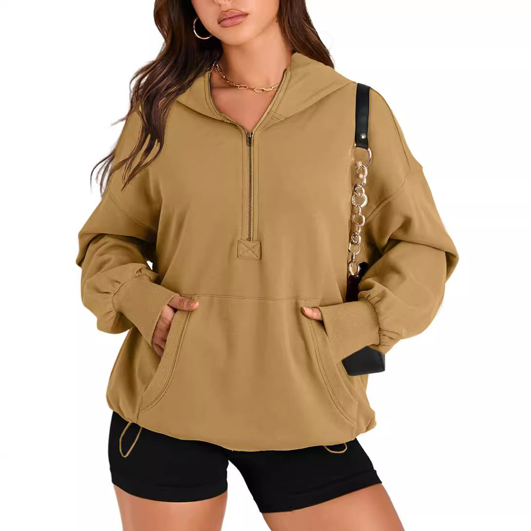 Nette Solid Color Long Sleeve Hooded Zipper Sweatshirt