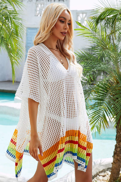 Rainbow Stripe Openwork Slit Cover-Up - Fashion Finder Hub