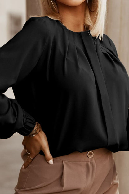 Button Up Round Neck Long Sleeve Shirt - Fashion Finder Hub