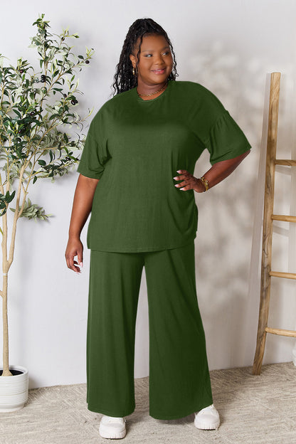 Double Take Full Size Round Neck Slit Top and Pants Set - Fashion Finder Hub