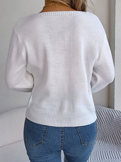 Cable-Knit Square Neck Long Sleeve Sweater - Fashion Finder Hub
