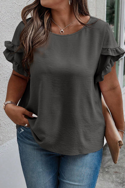 Plus Size Ruffled Round Neck Short Sleeve Blouse - Fashion Finder Hub