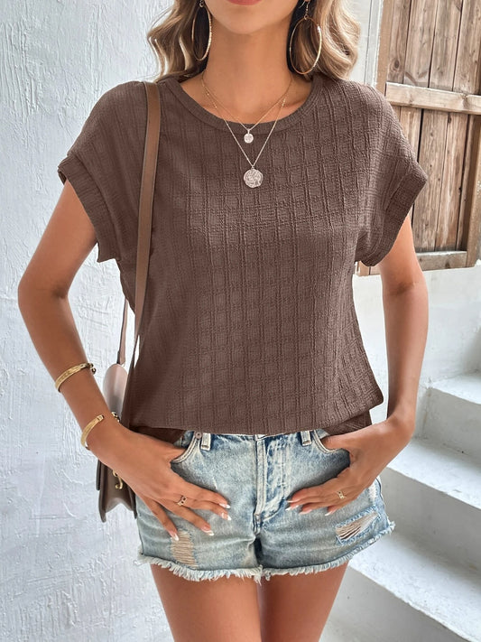 Textured Round Neck Short Sleeve Top - Fashion Finder Hub