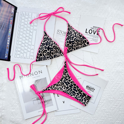 Leopard Print Halter Neck Tie Side Bikini Set - Fashion Finder Hub