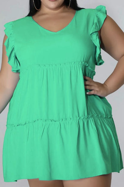 Plus Size V-Neck Frill Trim Mini Dress - Fashion Finder Hub