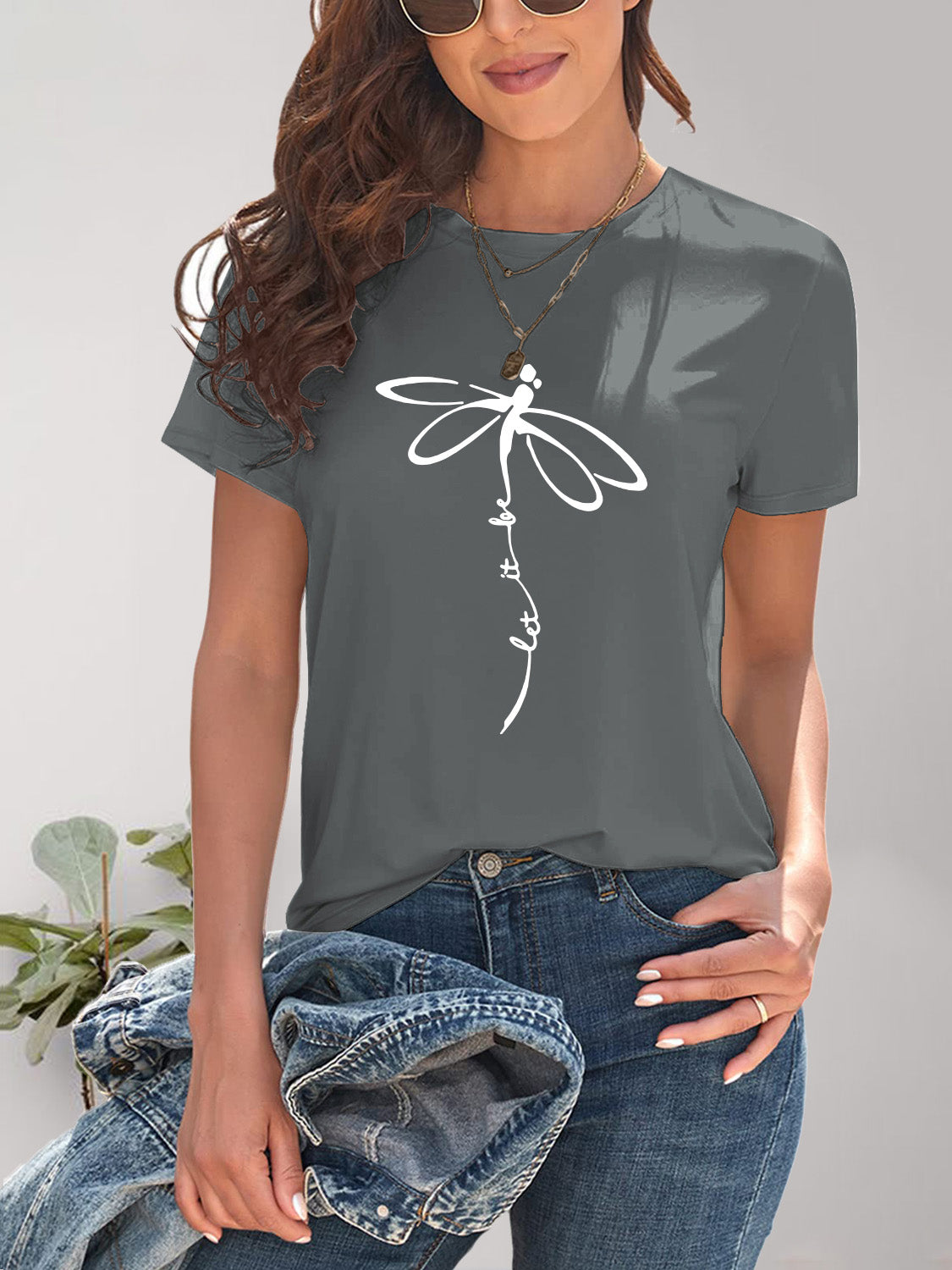 Dragonfly Graphic Round Neck Short Sleeve T-Shirt - Fashion Finder Hub