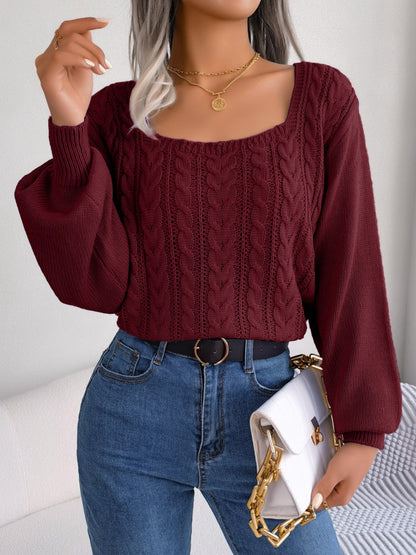 Cable-Knit Square Neck Long Sleeve Sweater - Fashion Finder Hub