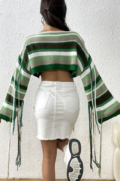 Fringe Striped Round Neck Knit Top - Fashion Finder Hub