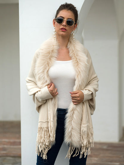 Fringe Open Front Long Sleeve Poncho - Fashion Finder Hub
