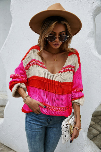 Color Block V-Neck Dropped Shoulder Sweater - Fashion Finder Hub