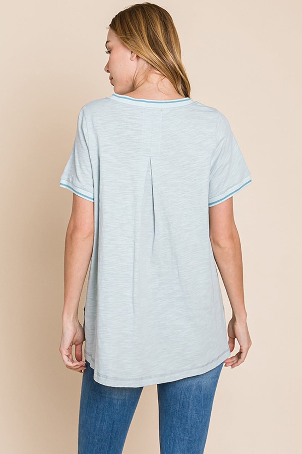 Cotton Bleu by Nu Lab Contrast Trim Short Sleeve Slit T-Shirt - Fashion Finder Hub
