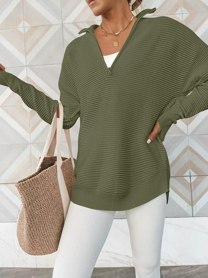 Half Zip Long Sleeve Knit Top - Fashion Finder Hub