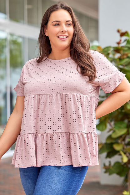Plus Size Eyelet Round Neck Short Sleeve Blouse - Fashion Finder Hub