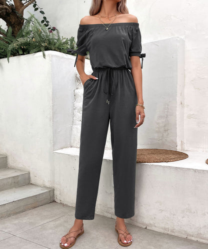 Off-Shoulder Tie Cuff Jumpsuit with Pockets - Fashion Finder Hub