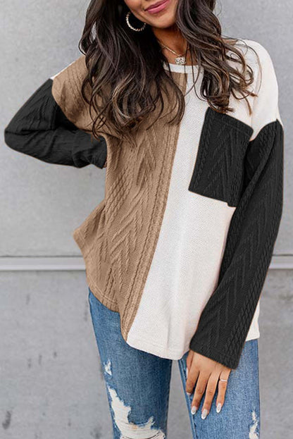 Full Size Color Block Cable-Knit Tops - Fashion Finder Hub