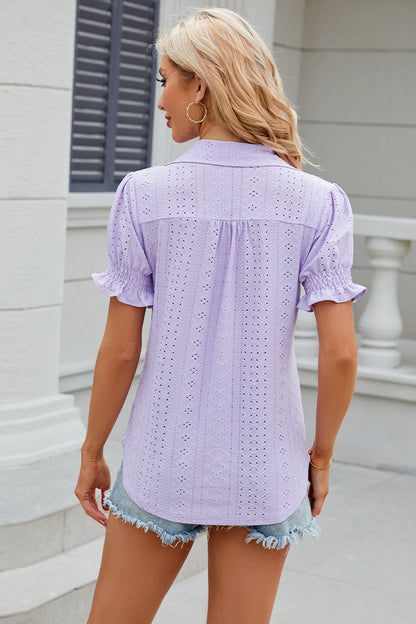 Eyelet Johnny Collar Short Sleeve Blouse - Fashion Finder Hub