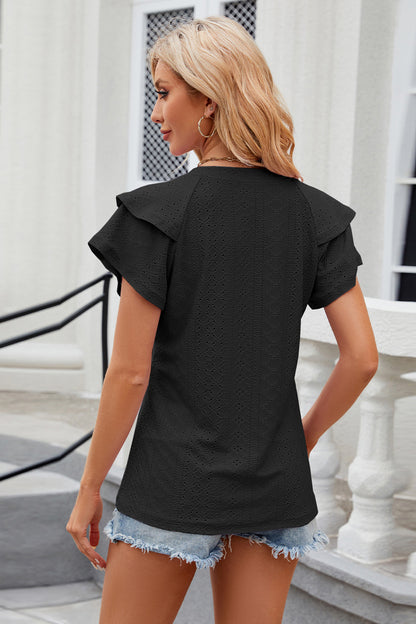Eyelet Notched Short Sleeve T-Shirt - Fashion Finder Hub