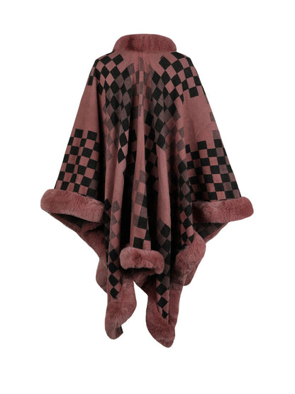 Checkered Faux Fur Trim Poncho - Fashion Finder Hub