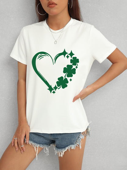 Heart Lucky Clover Round Neck Short Sleeve T-Shirt - Fashion Finder Hub