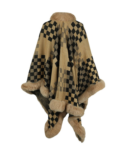 Checkered Faux Fur Trim Poncho - Fashion Finder Hub