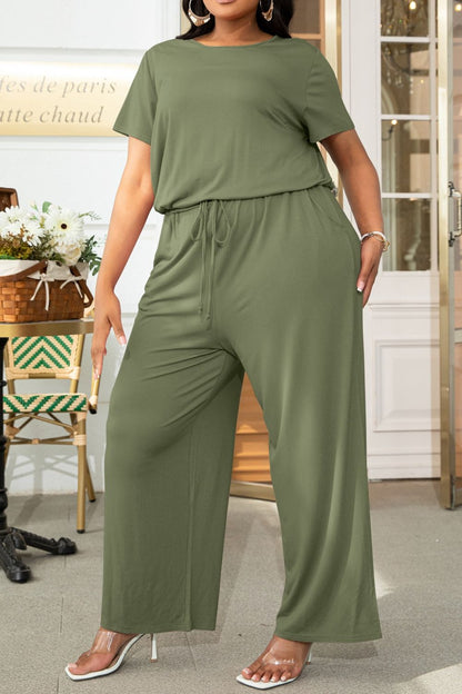 Plus Size Drawstring Waist Short Sleeve Jumpsuit - Fashion Finder Hub