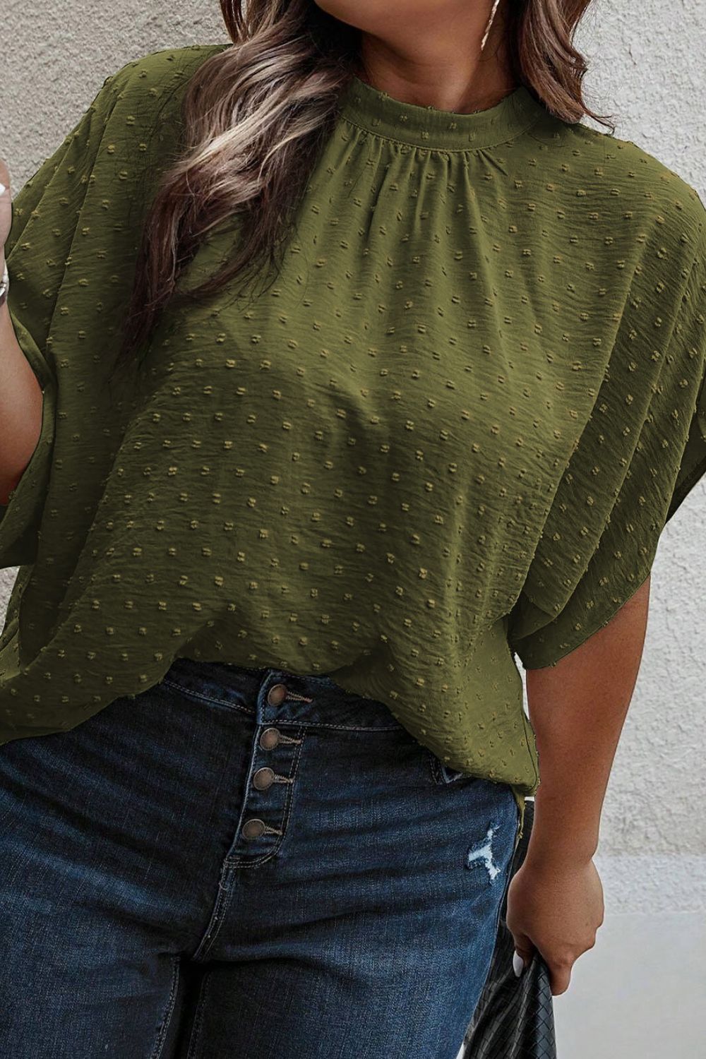 Plus Size Swiss Dot Tied Mock Neck Blouse - Fashion Finder Hub