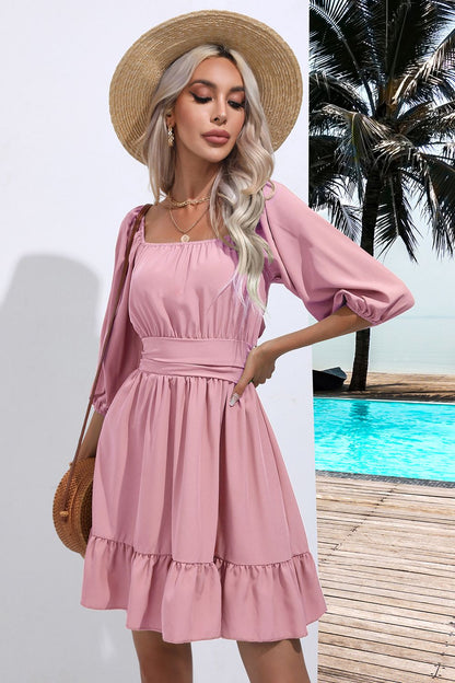 Square Neck Tie Back Ruffle Hem Dress - Fashion Finder Hub