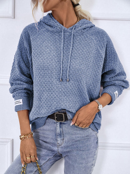 Texture Drawstring Long Sleeve Hooded Sweater - Fashion Finder Hub