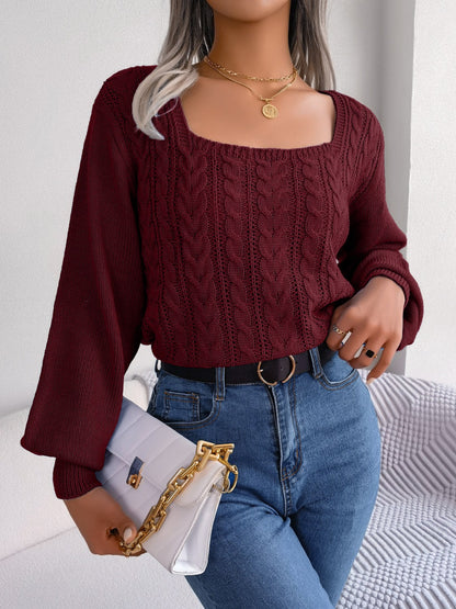 Cable-Knit Square Neck Long Sleeve Sweater - Fashion Finder Hub