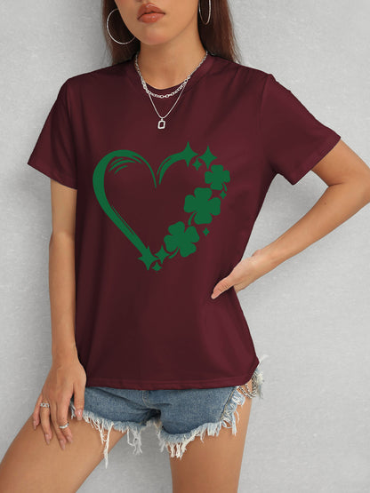 Heart Lucky Clover Round Neck Short Sleeve T-Shirt - Fashion Finder Hub