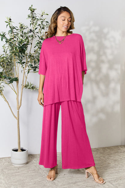 Double Take Full Size Round Neck Slit Top and Pants Set - Fashion Finder Hub