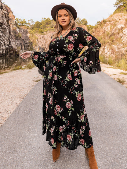 Plus Size Floral Flare Sleeve Dress - Fashion Finder Hub