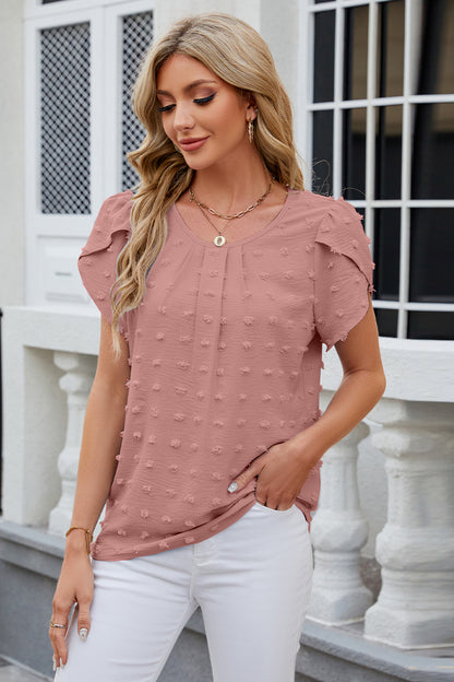 Swiss Dot Round Neck Short Sleeve T-Shirt - Fashion Finder Hub