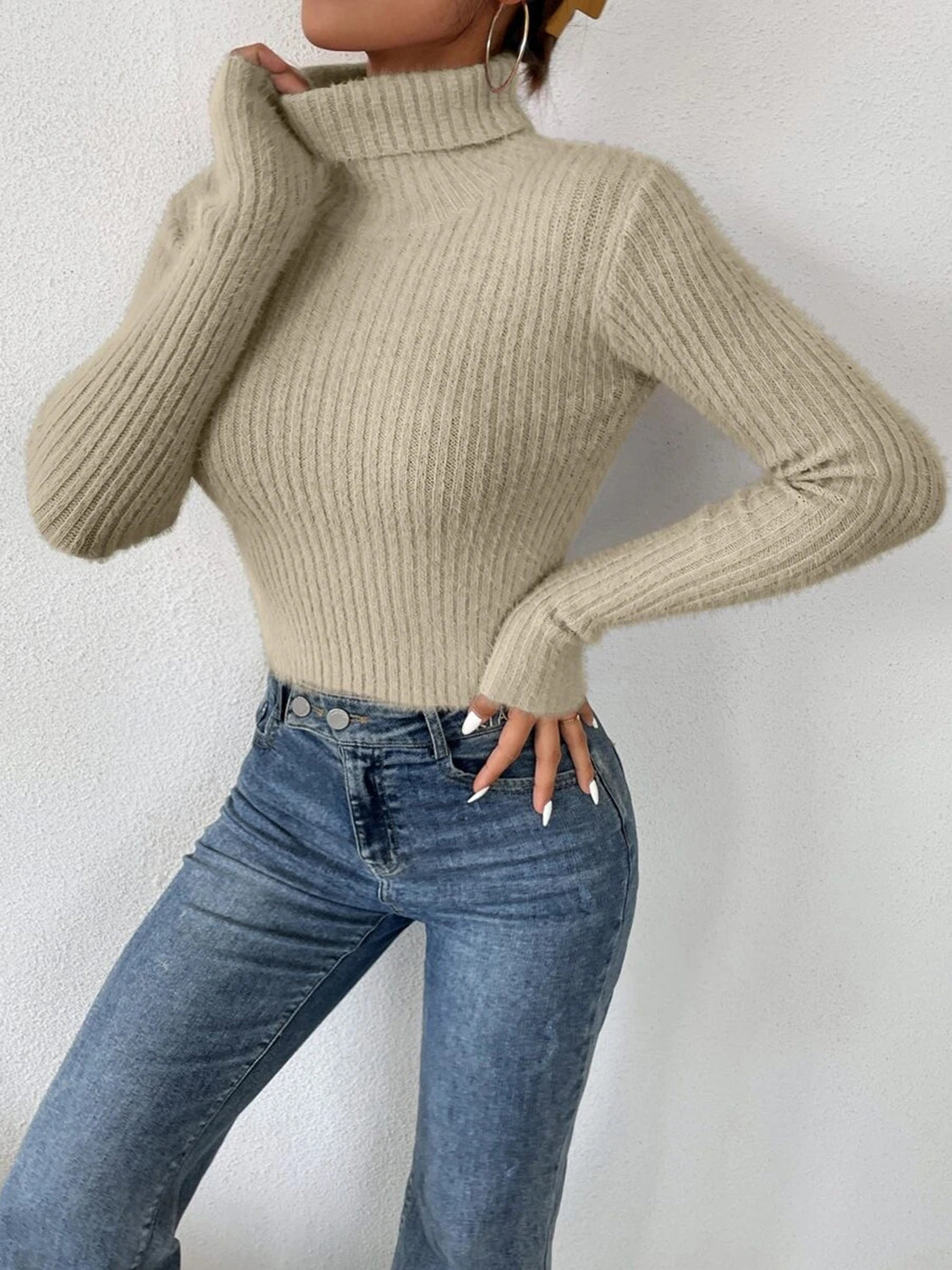 Ribbed Turtleneck Long Sleeve Sweater - Fashion Finder Hub