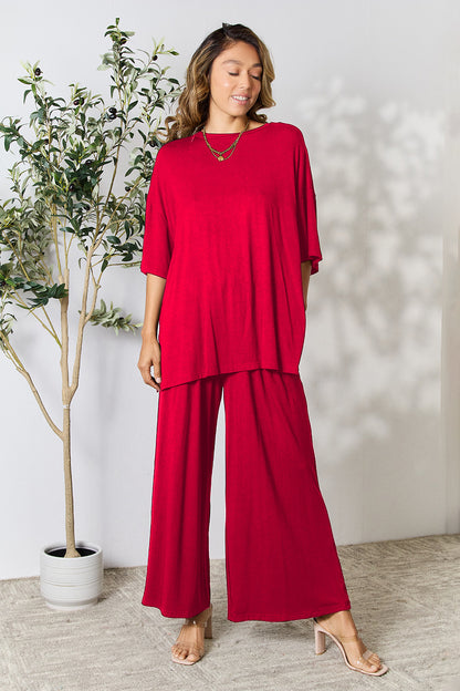 Double Take Full Size Round Neck Slit Top and Pants Set - Fashion Finder Hub