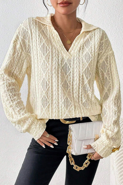 Eyelet Johnny Collar Dropped Shoulder Blouse - Fashion Finder Hub