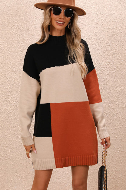 Color Block Mock Neck Dropped Shoulder Sweater Dress - Fashion Finder Hub