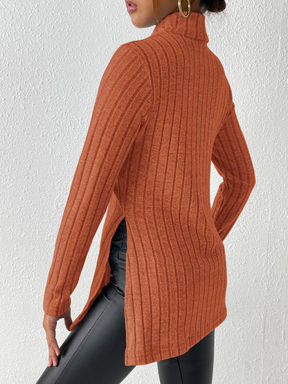Ribbed Turtleneck Long Sleeve Slit T-Shirt - Fashion Finder Hub