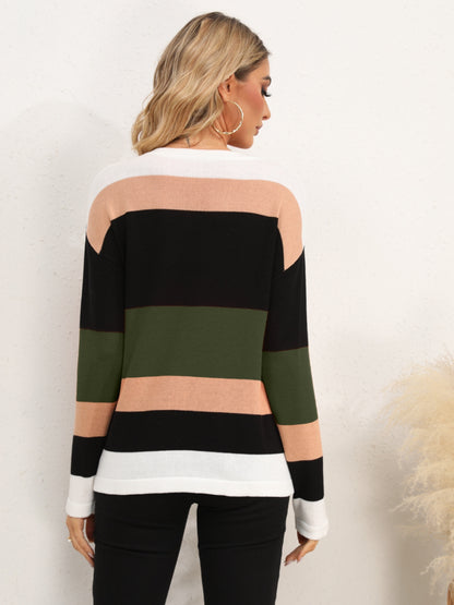Striped Round Neck Dropped Shoulder Sweater - Fashion Finder Hub